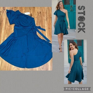 Grace Karin women’s dress Large 12 14 mini teal blue one shoulder ruffle belt